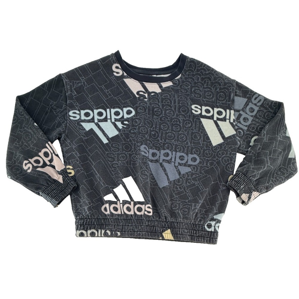 Adidas Sweatshirt Girls Youth M 10/12 Black‎ Graphic Logo Crewneck Pullover